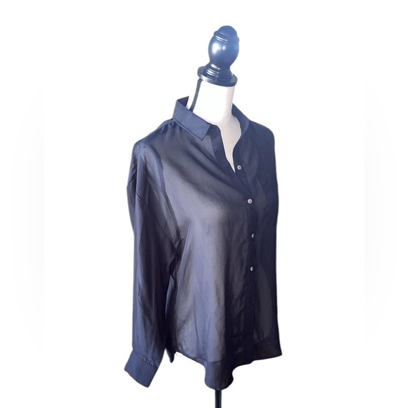 NWT Bar iii Long Sleeve Collared Button Front Blouse SP Black Sheer Relaxed Fit - Picture 10 of 14